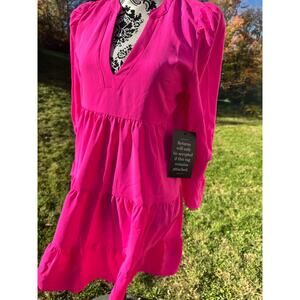 Vibrant Pink VIVID Ruffled long puffy Sleeved midi Dress,